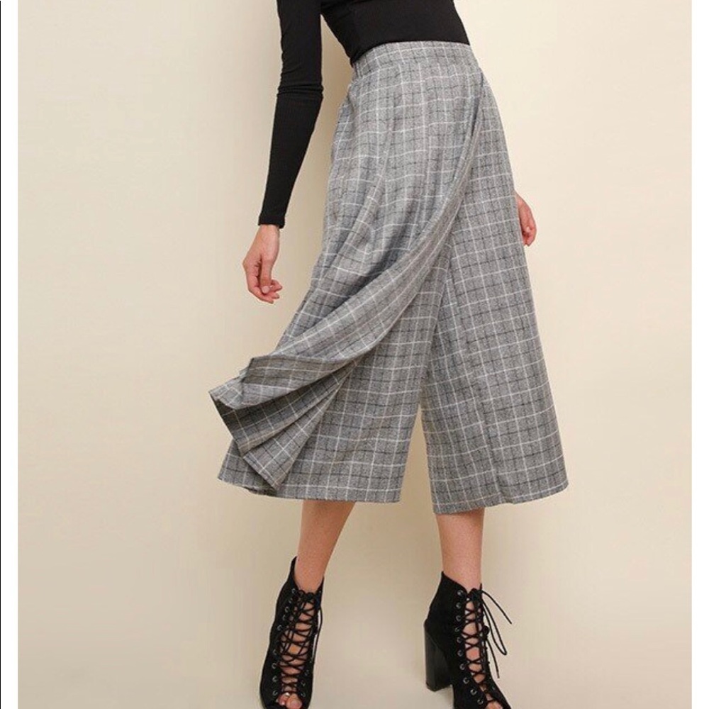 Plaid wide leg trouser with skirt overlay